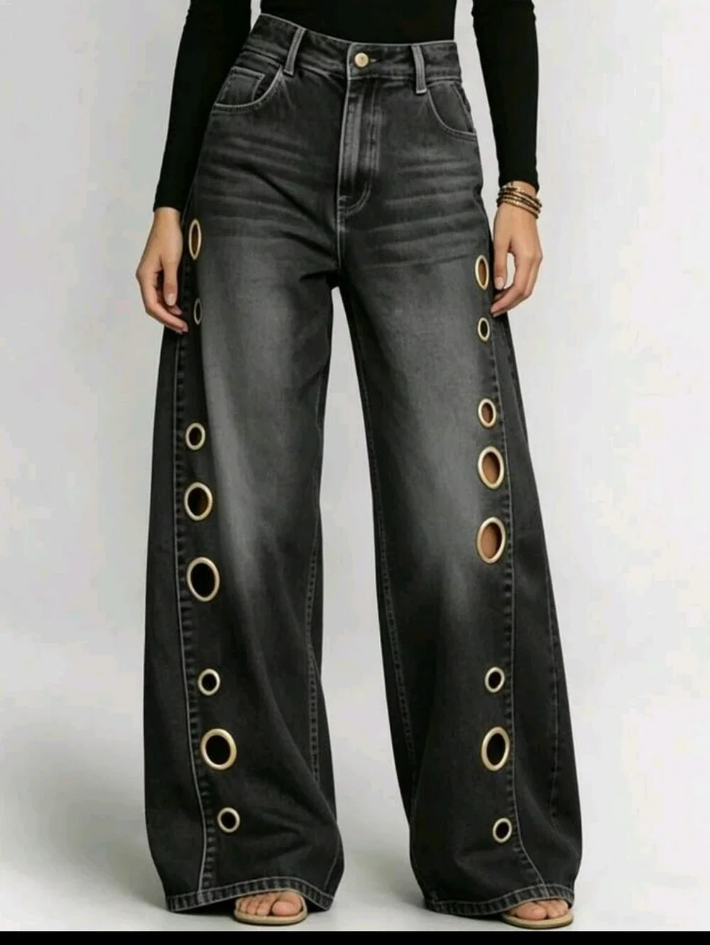 Wide Leg Black Jeans with Gold Eyelet Detail - Picture 2 of 6